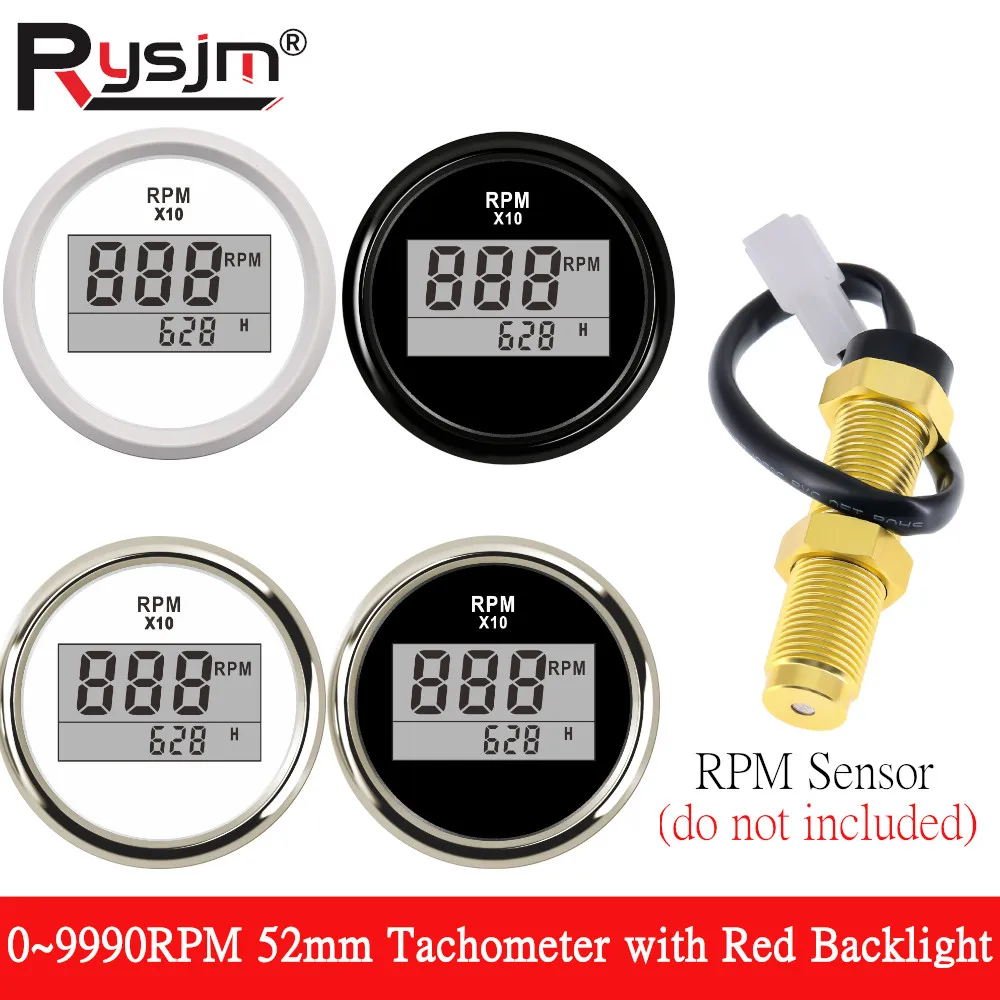 Tacómetro Universal de 52mm, medidor de RPM de 0-9990 RPM con retroiluminación roja, Sensor de tacómetro impermeable para barco marino y coche de 12V/24V