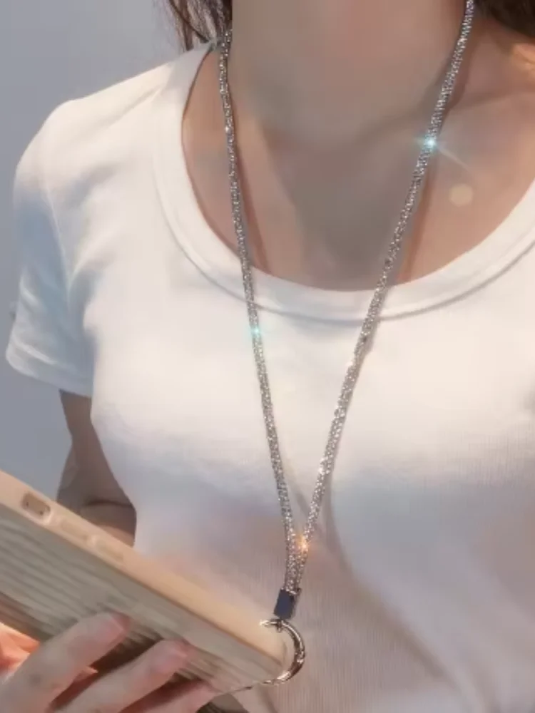 Necklace-style Rhinestone Women's Full Diamond Pendant Clip Style Pendant Mobile Phone Strap Long Neck Strap Anti Loss Sling