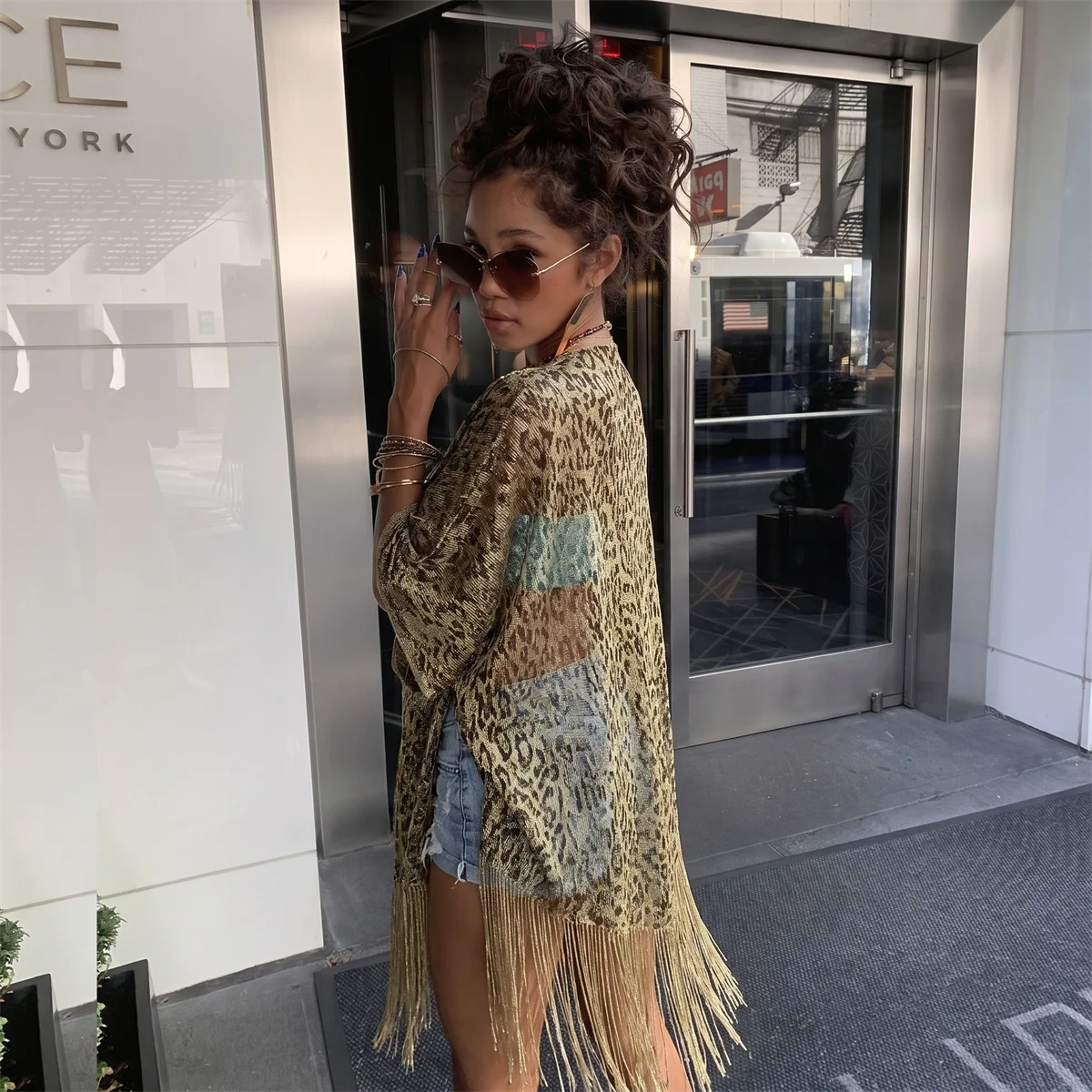 Shiny Animal Print Fringe Shawl Poncho Leopard Zebra Print Scarf Mesh Wrap Cover Up For Women Vacation Rave Festival Night Club view 2