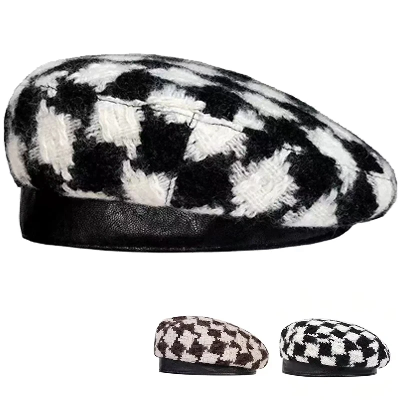 Damen Karo-Baskenmütze Modische Winter- und Herbstmütze für Frauen Retro-Baskenmützen Mädchen Karierte Malermütze Verstellbare Freizeit-Baskenmütze