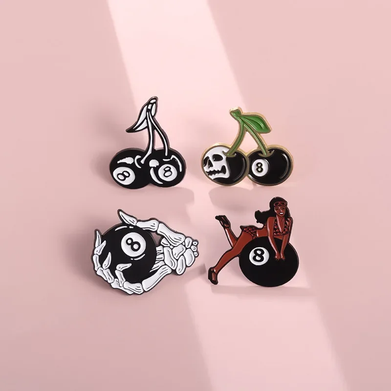 

Magic 8-Ball Cherries Enamel Pins Creative Cherry Black 8 Billiards Brooches Lapel Badge Punk Jewelry Gifts For Friend Wholesale