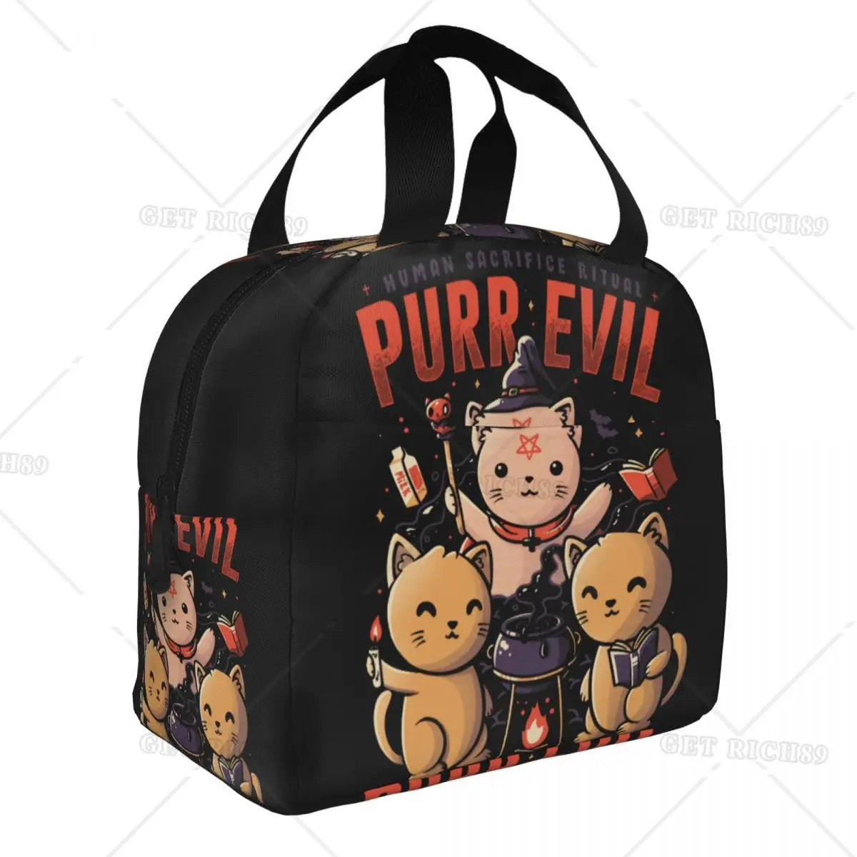 Satanic Witch Cat Insulated Lunch Bag Waterproof Thermal Cooler Lunch Box with Side Pocket for Women Men Kids Camping Travel