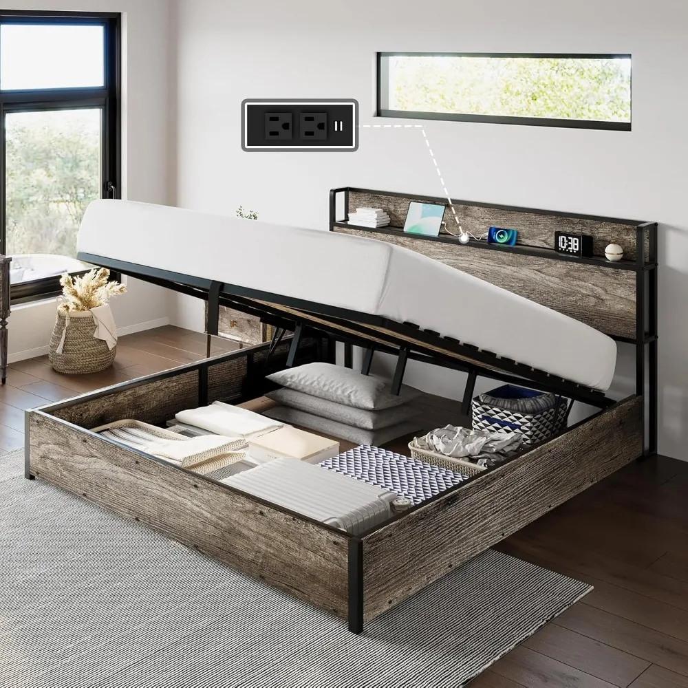 

King Size Lift Up Storage Bed Frame, Wooden Platform Bed Frame with Lifting Storage & Charging Station