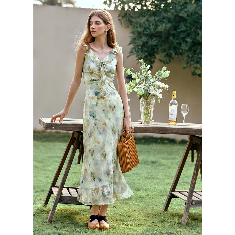 

OLrain Dresses 2025 Woman Summer Ruffle Leaf Edge Smudge V-neck Long Vacation A-Line Ladies Dress Clothing Female O57XL99666