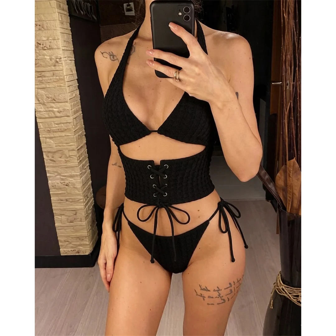 Tankini mit Schnürung, Neckholder-Bikini, Damen-Badeanzug, zweiteiliges Bikini-Set, Badeanzug mit hohem Beinausschnitt, Badebekleidung, Schwimmanzug V8340 – Detail 3