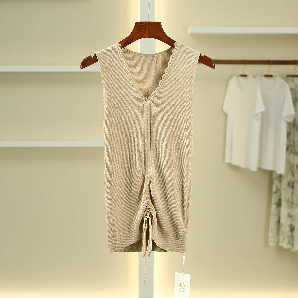 

Pure Color V-ne Dstring Svel Knitted Vest Top 2025 New Summer Wear Commute Sle Slim Fit Gel Fiber Nylon Polyester