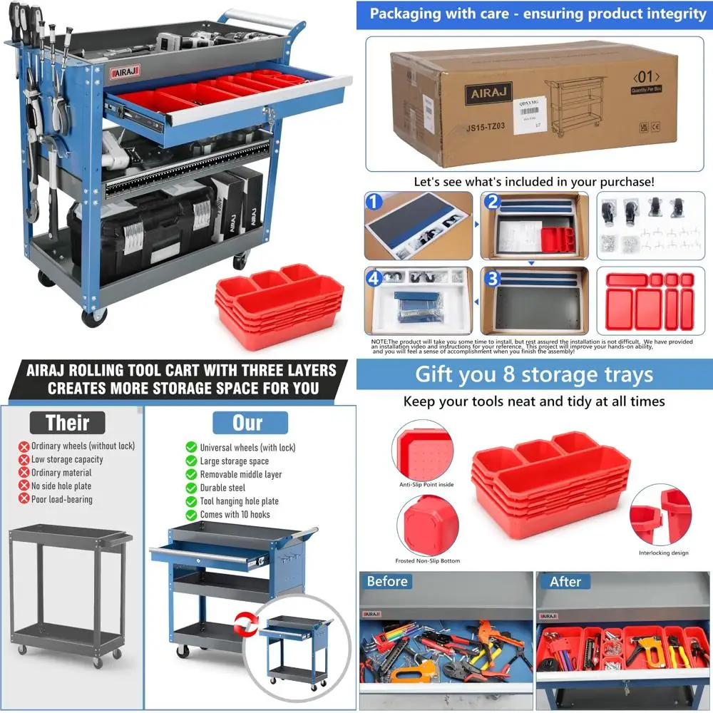 

Промышленная тележка для механика на колесиках с ящиками и перфорированной доской, емкостью 440 фунтов