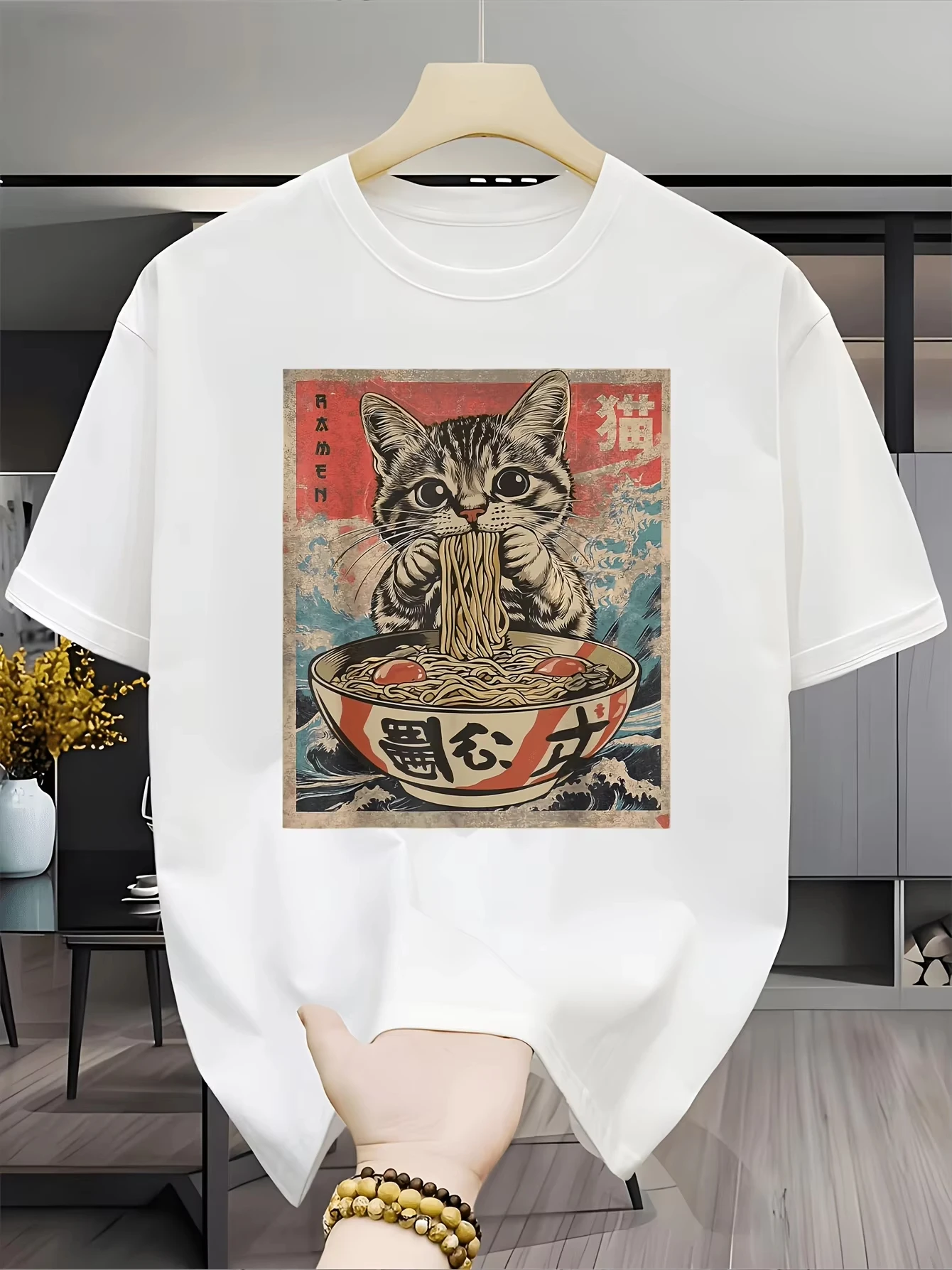 Unisex Vintage Ramen Cat Graphic T‑Shirt Retro Animal Noodle Print Short Sleeve Tee Casual Streetwear Men Women Novelty Gift