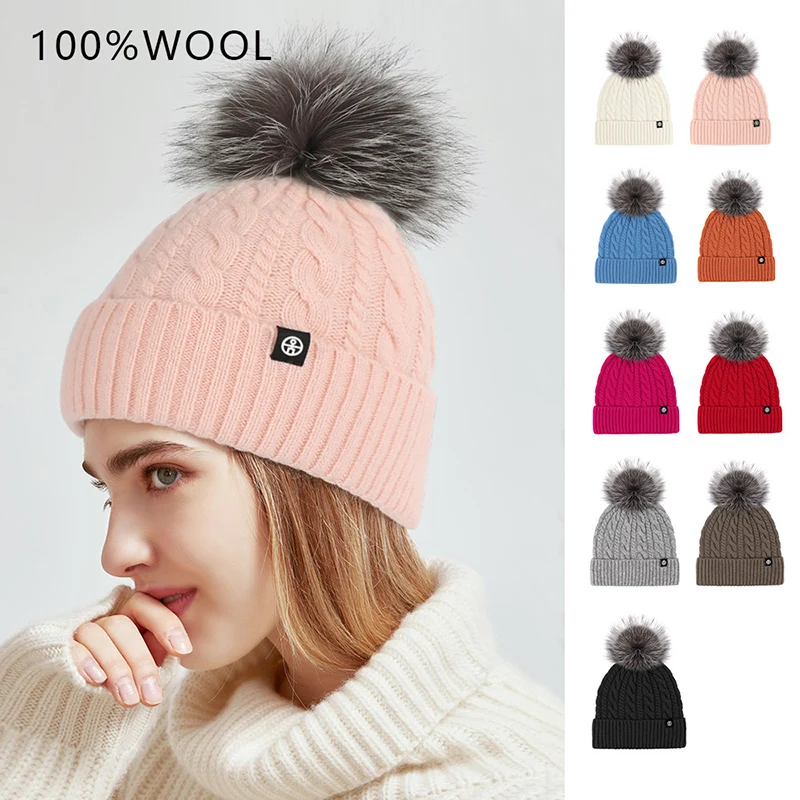 100% Pure Wool Cable Knit Beanie for Men Women Raccoon Fur Pom Pom Winter Hat Thick Warm Windproof Outdoor Knit Cap