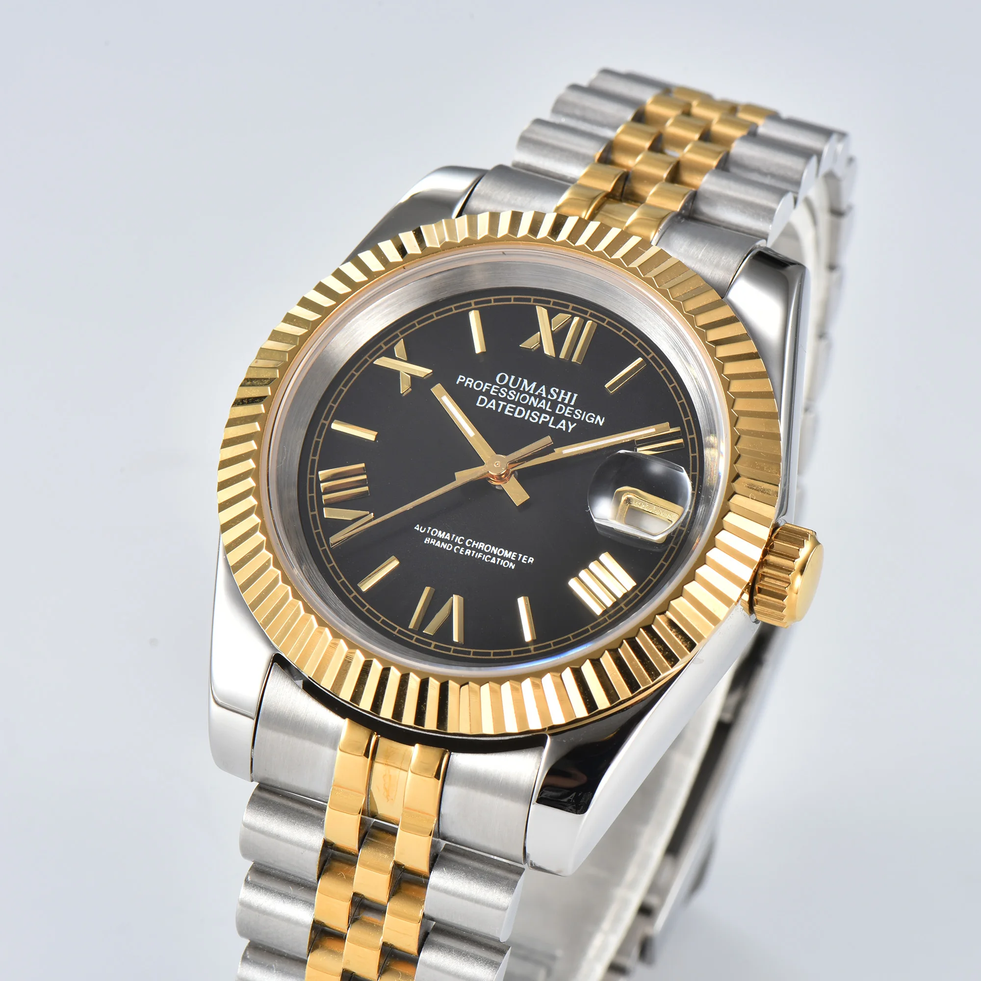 Biznesowy zegarek męski 36mm/39mm NH35A mechanizm automatyczny złota koperta rzymska tarcza niebieski AR szafirowe szkło datownik pasek ze stali nierdzewnej