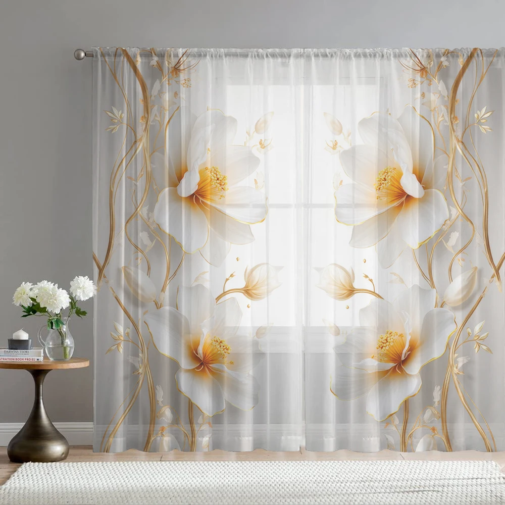 2Pcs Gold Branches And White Floral Print Home Decoration Window Screens, Suitable For Cafes, Restaurants, Bedrooms