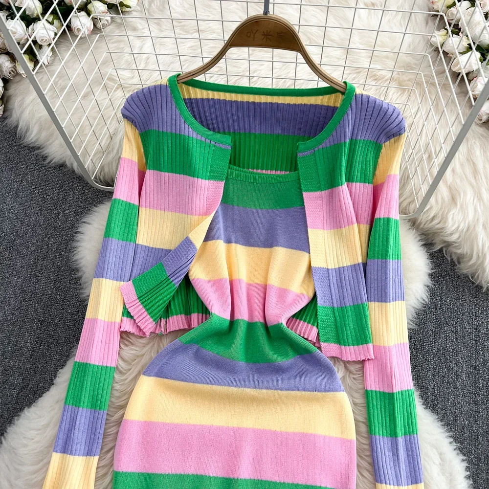 2024 New Office Lady Striped Two Piece Set Spring New Fashion Sweet Slim Chic Outfits Knitted Coats Cami Dresses