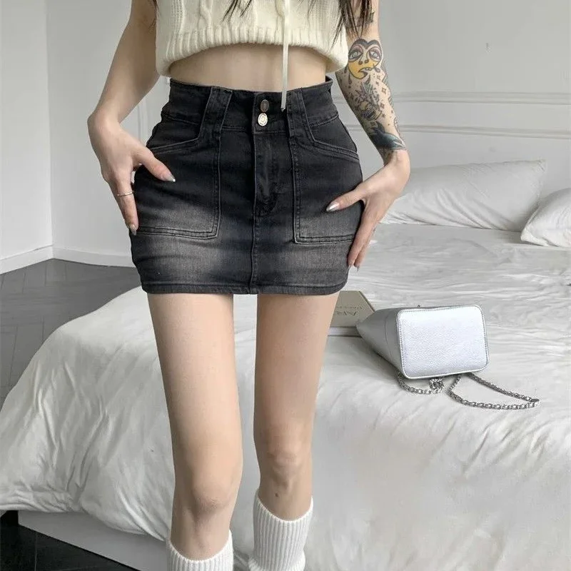 2024 Women Vintage High Waist Streetwear Skirts Jeans Girls Sexy Party Summer Denim Mini Dress Female Blue Black Straight Skirts