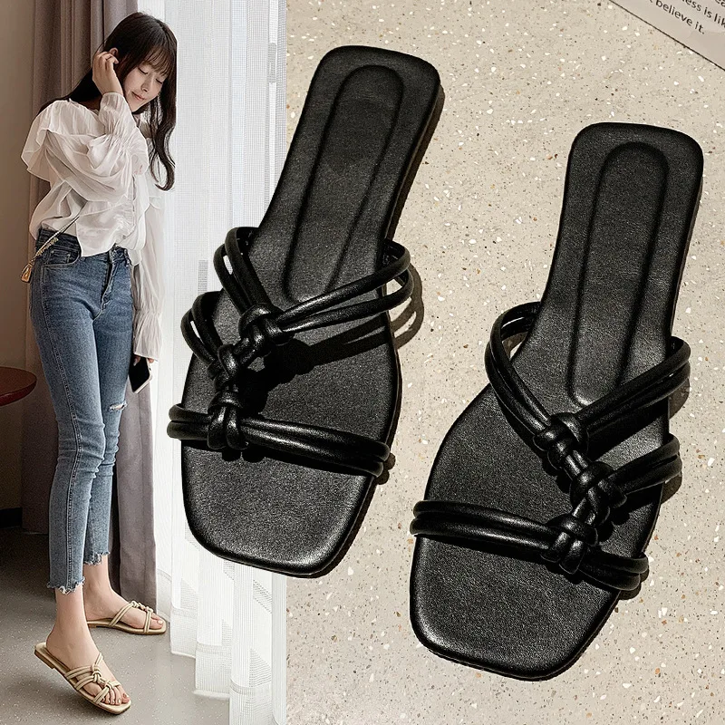 2022 Slippers Women Summer Korean Version New Square-toe Flat Heel Candy Color Fashion Outer Wear Sandals Slippers Size 42