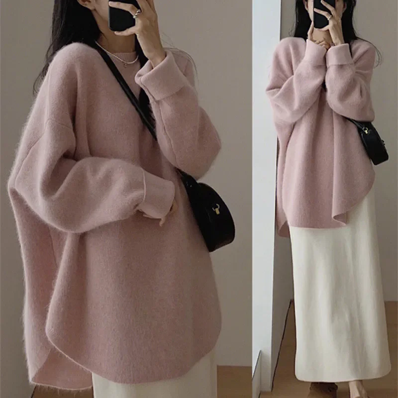 Loose Cashmere Sweater Women Lazy Style Korean Mid Length Knitwear Y2k Vintage French Solid Color Pullover Winter Split Jumper