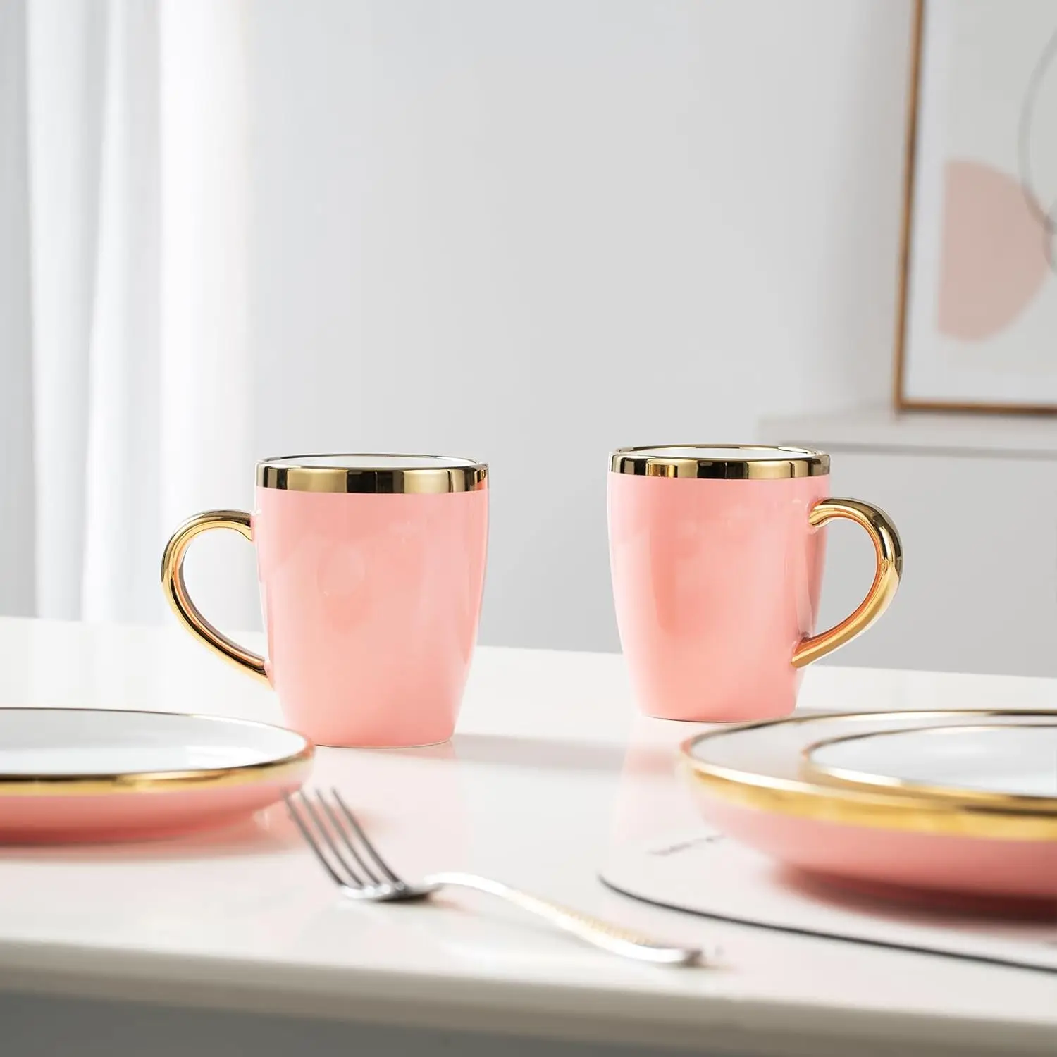 Розовые наборы столовой посуды на 4 керамических, наборы роскошных тарелок и мисок из 16 предметов с золотой оправой, современный набор посуды для свадьбы, Рождества A