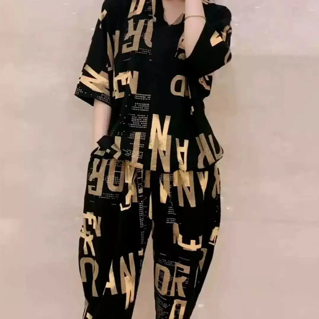 Casual Fashion Geometric Letter Printing Pant Sets Summer 2023 Short Sleeve V-Neck T-shirt Wide Leg Pants Slim Women\'s Clothing