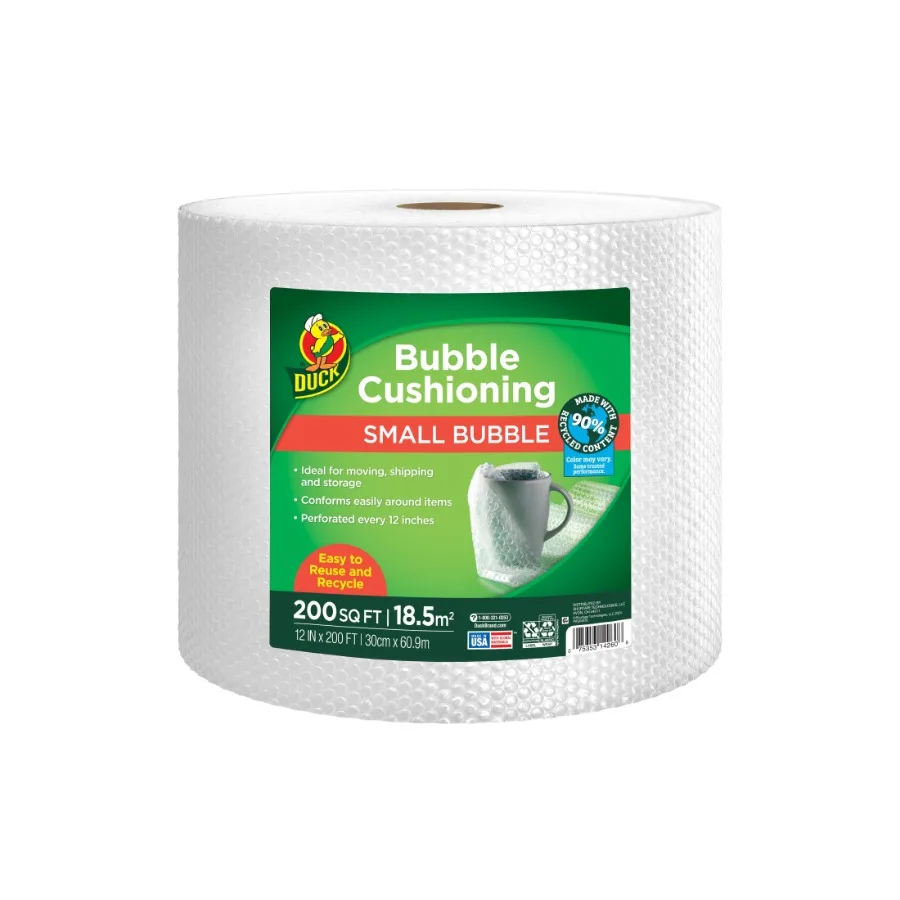 

Duck 90 Recycled Content Small Bubble Cushioning Wrap Clear 12 in x 200 ft 1 Roll (287368) Ideal for Eco-Friendly Packaging Pro