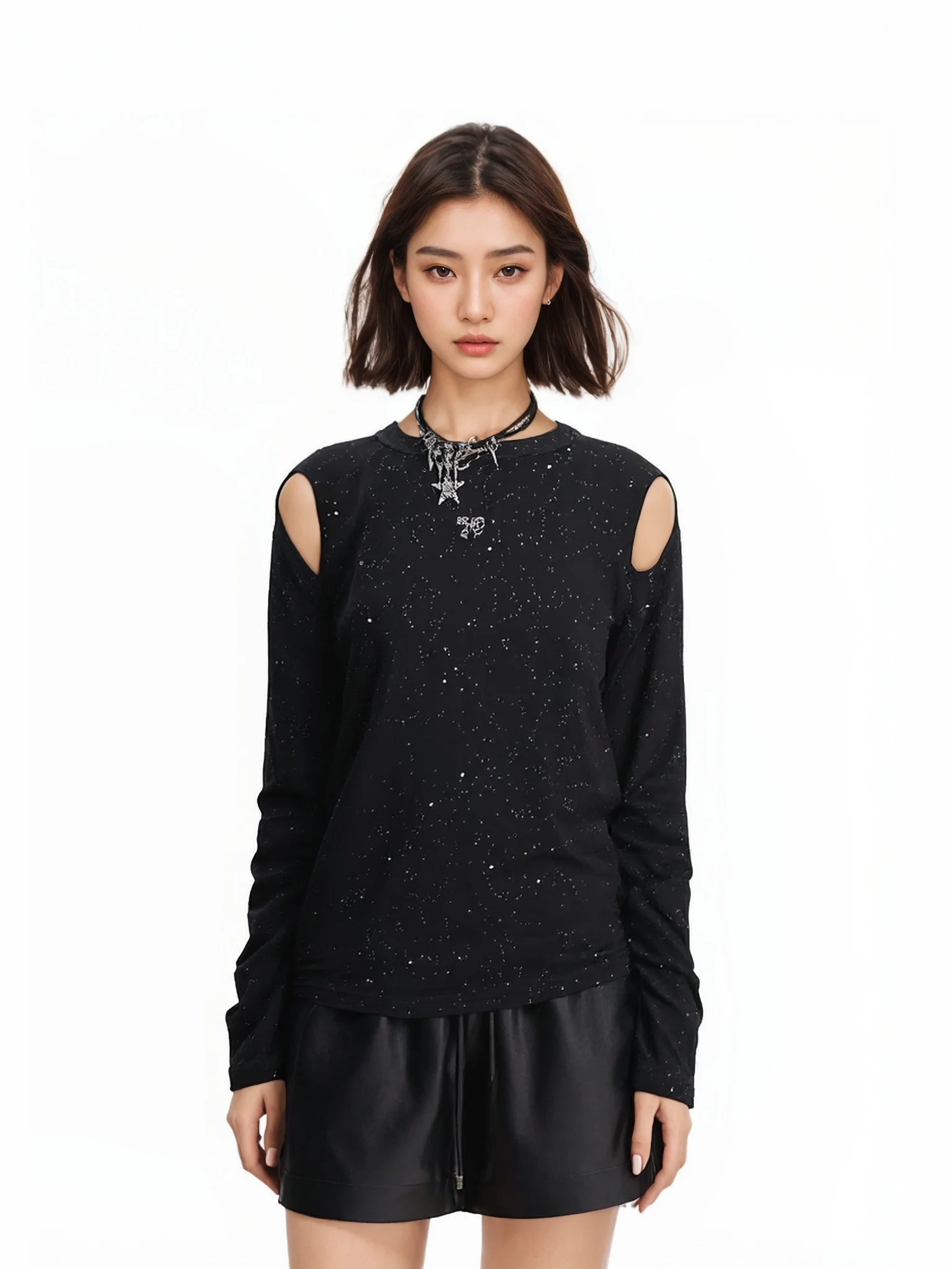 

Slimming Effect Gentle Sle Long Sve Sparkling Off-oulder T-irt Women's Design Base irt White Cotton Blend Autumn 2024