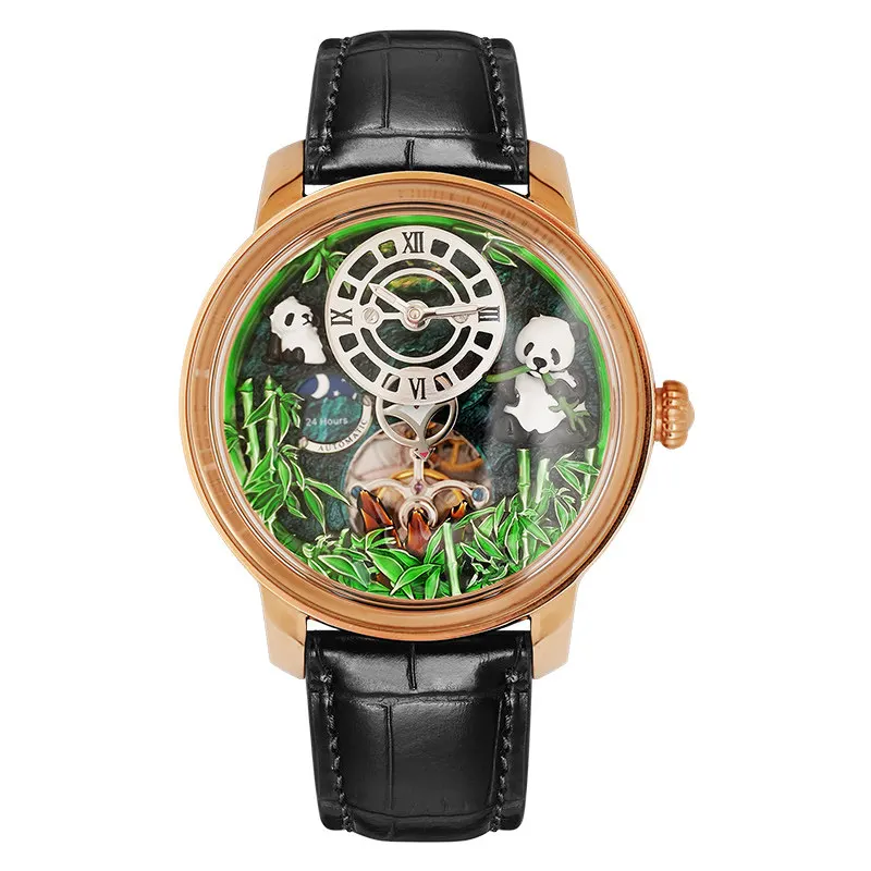 HANBORO Men Automatic Watch 46mm Mechanical Wristwatch 5ATM Luminous Panda & Bamboo DIal