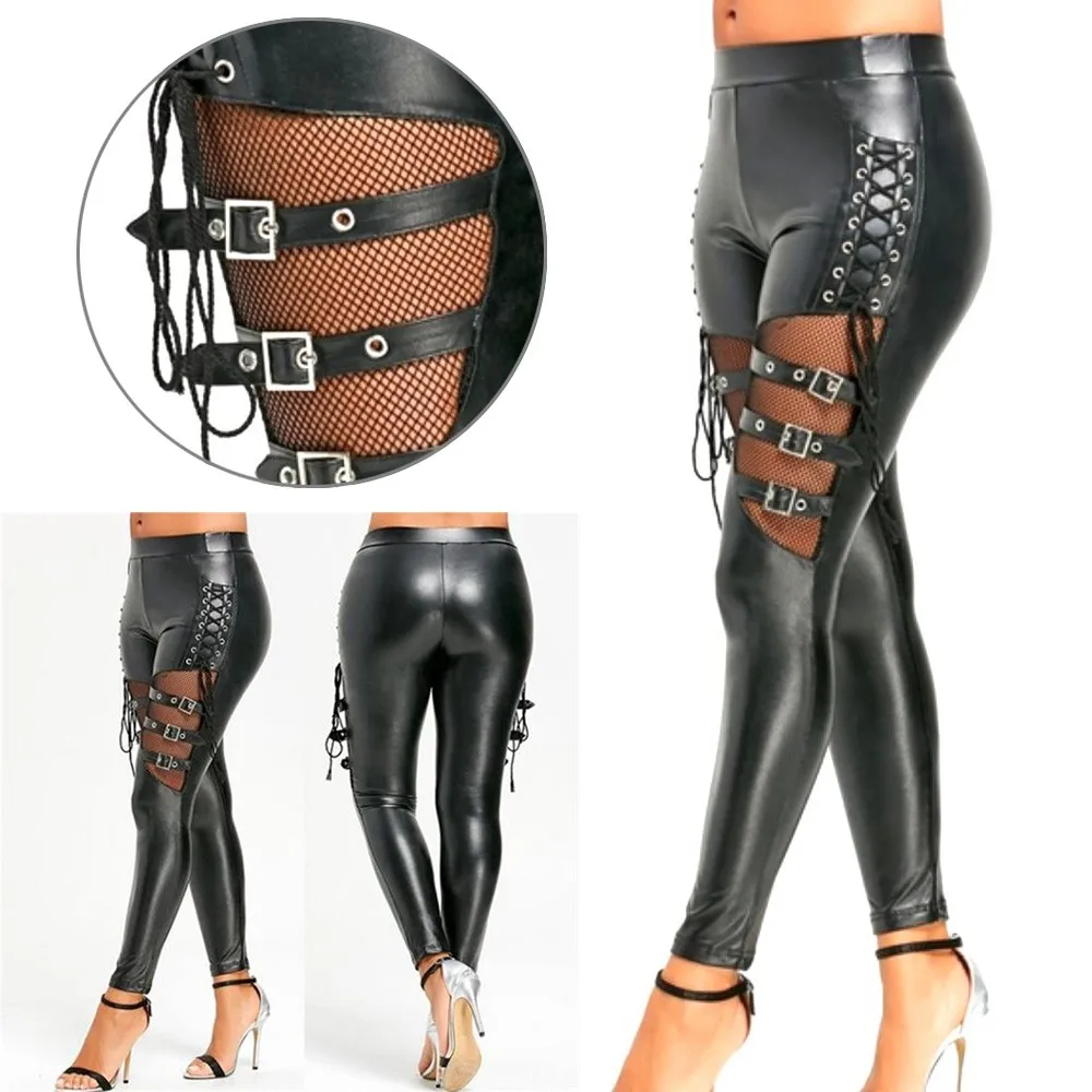 Womens PU Leather Skinny Slim Trousers Gothic Punk Leggings Fishnet Trim Lace Pant PU Leather Pencil Pants Women Clothing