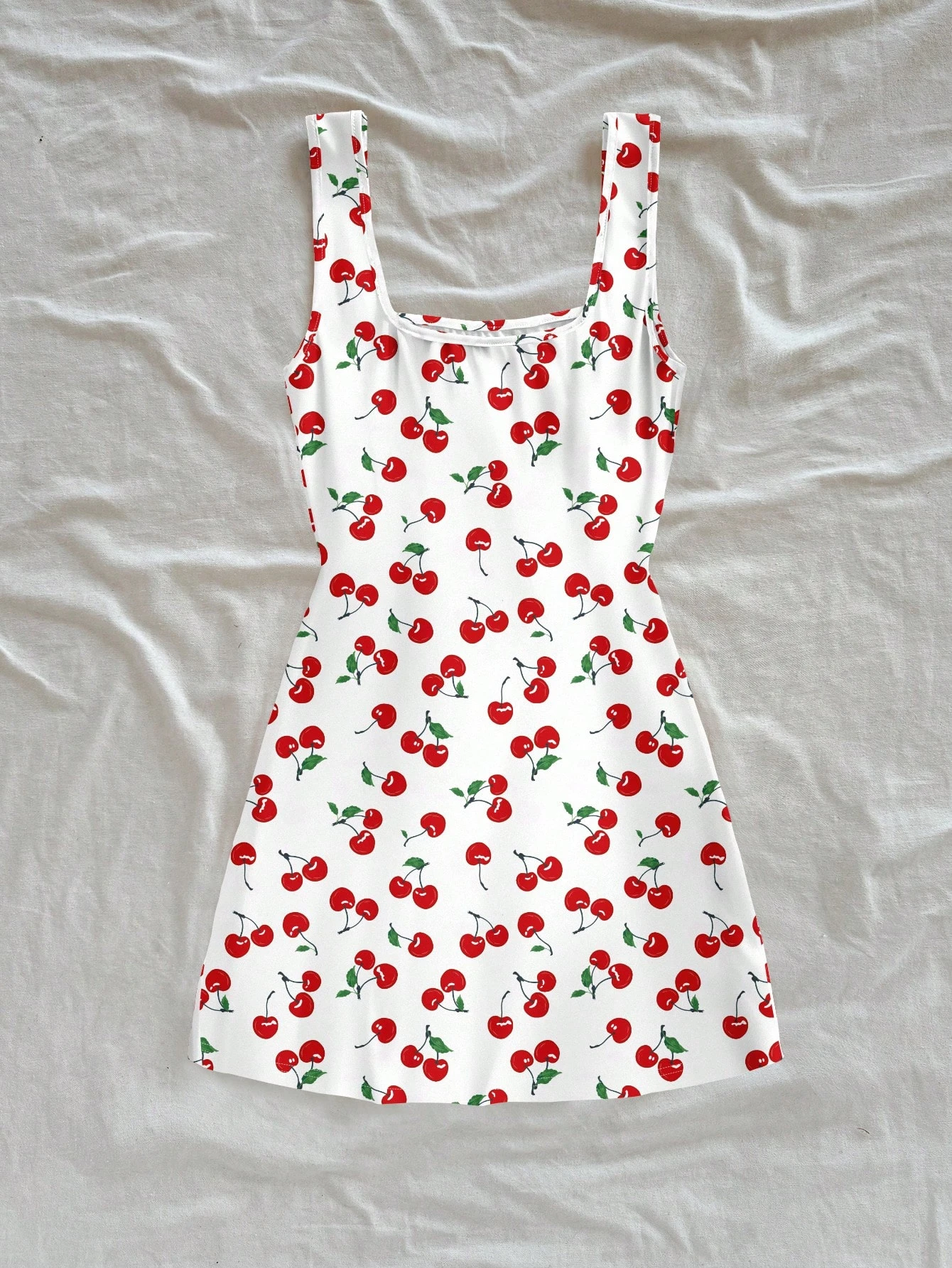 Women's Sexy Vacation Style U-Neck Cherry Print Open Back Side Slit Mini Dress for Spring/Summer
