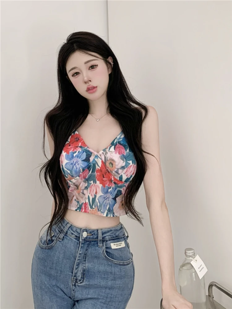 Vintage Fashion Floral Print Camisole Women Summer New Casual Slim Sleeveless Crop Tops Female