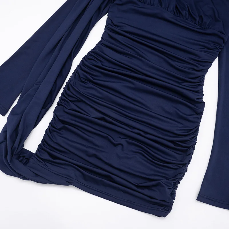 Fashion Women Ruched Bodycon Mini Dress O Neck Long Sleeve One Shoulder Shawl Ribbon Empire Slim Party Clubwear Streetwear