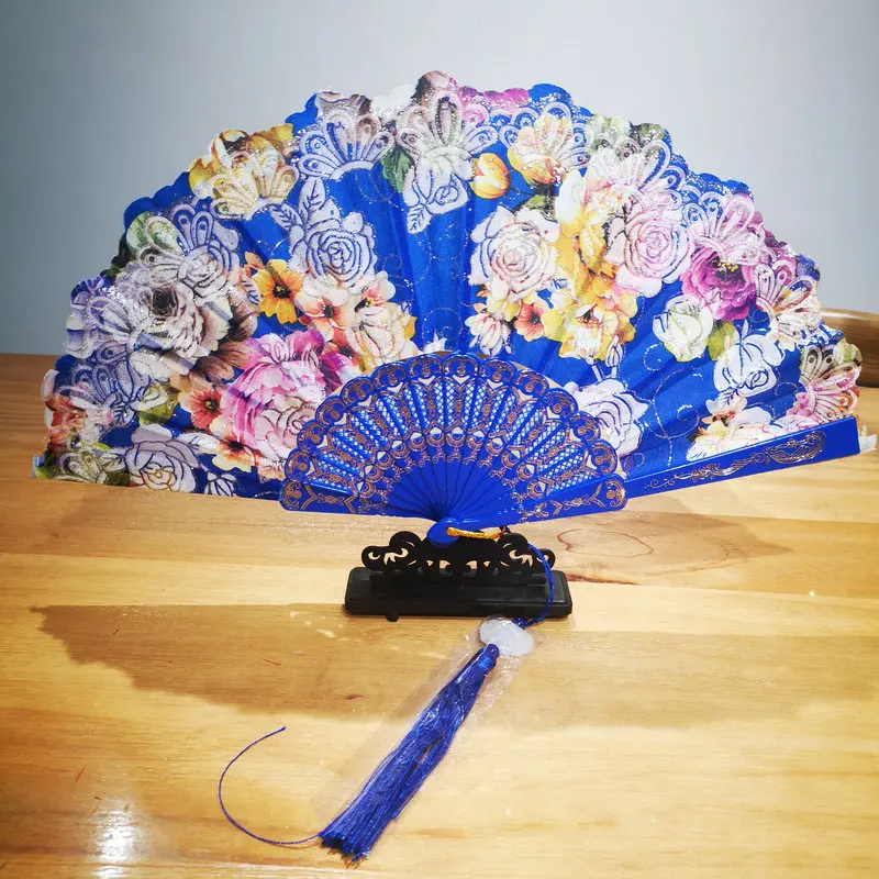 

New Chinese Style Royal Blue Folding Fan With Tassels Gold Stamp Rose Pattern Dancing Hand Fans Oriental Aesthetics Accessories