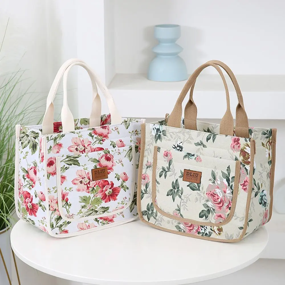 Aesthetic Floral Print Lunch Bag Insulated Large Capacity Lunch Bag Thermal Cooler Handbag For School Work Travel Picnic