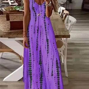 Tie Dye casual feminino solto com decote em v estampado vestido longo, spaghetti maxi dress, verão férias na praia 8 principais vendas vestido longo casual verão decote v - №3
