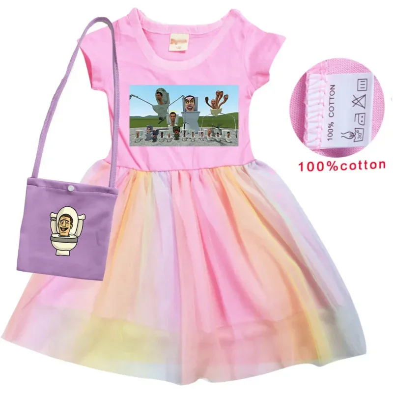 2-10Y Graphic SKIBIDI TOILET Clothes Baby Girls Princess Dresses With Small Bag Kids Cartoon Camcorder Man Wedding Party Dress C
