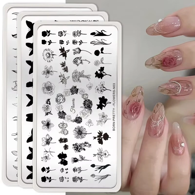 BORN PRETTY – plaques d'estampage pour ongles, feuilles de fleurs et de papillons, ligne florale animale, modèles d'art des ongles, outils de pochoir d'impression 12x6cm
