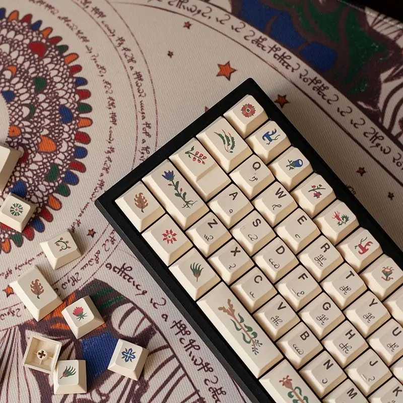 

Beige Keycaps Voynich Manuscript Literary Style Cherry PBT Sublimation 64/68/75/84/87/98/104 Keycap For DIY Mechanical Keyboards