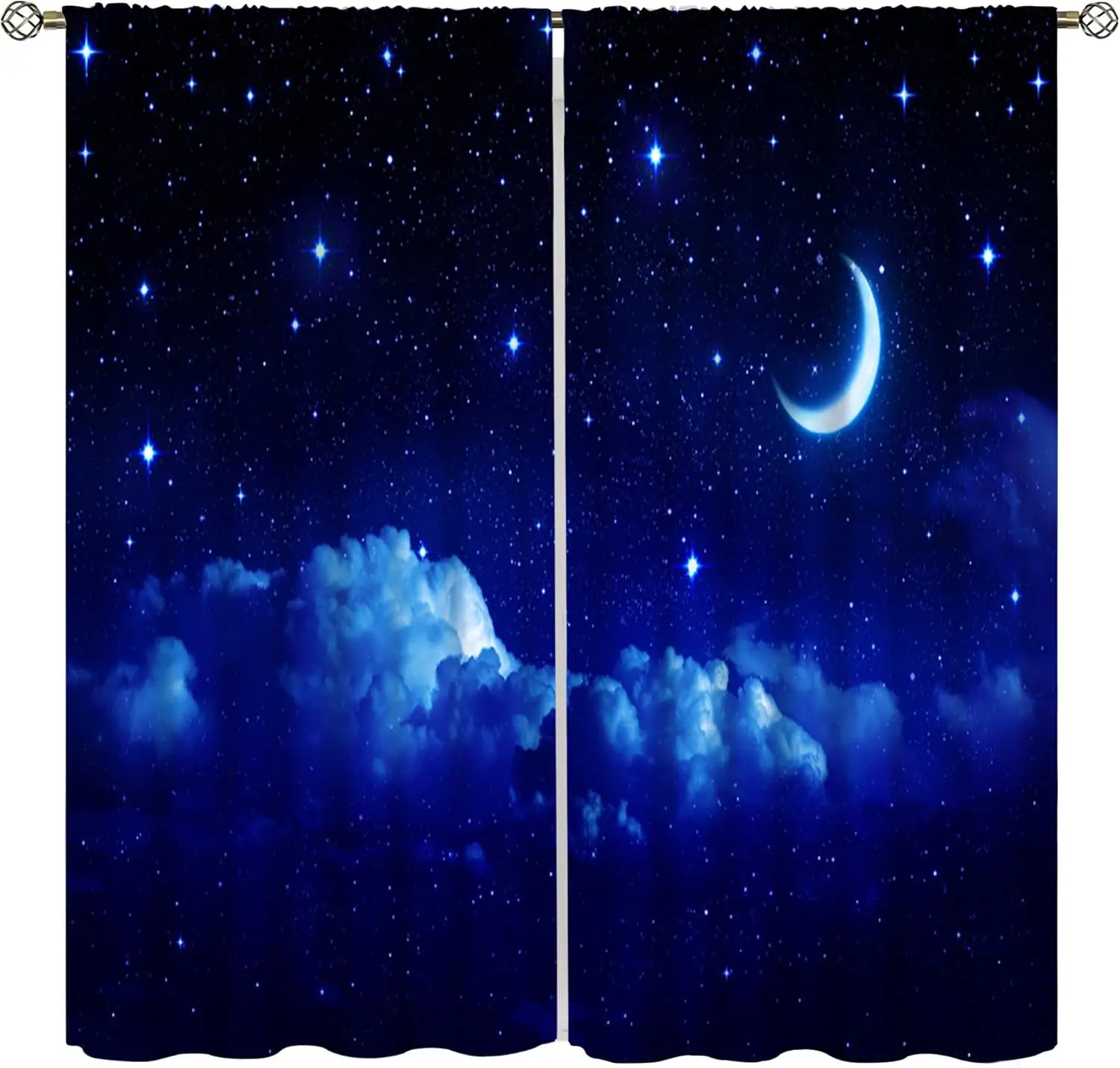 Starry Moon Night Curtains Sapphire Galaxy Dreamy Cloudscape Celestial Decor Window Treatments for Kitchen Girls Boys Bedroom
