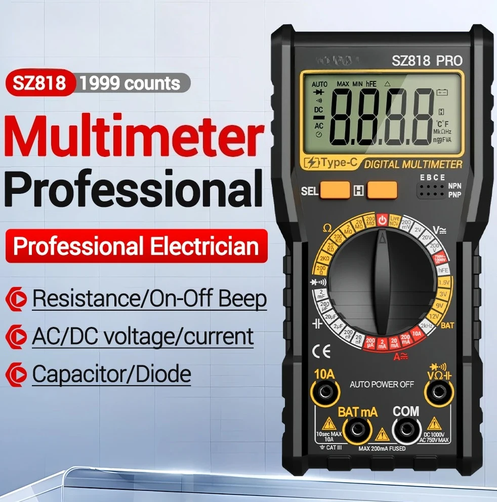 SZ818 Intelligent Digital Multimeter Automotive Tester AC DC Voltage Current Resistance Capacitance Triode Transistor Test Tool