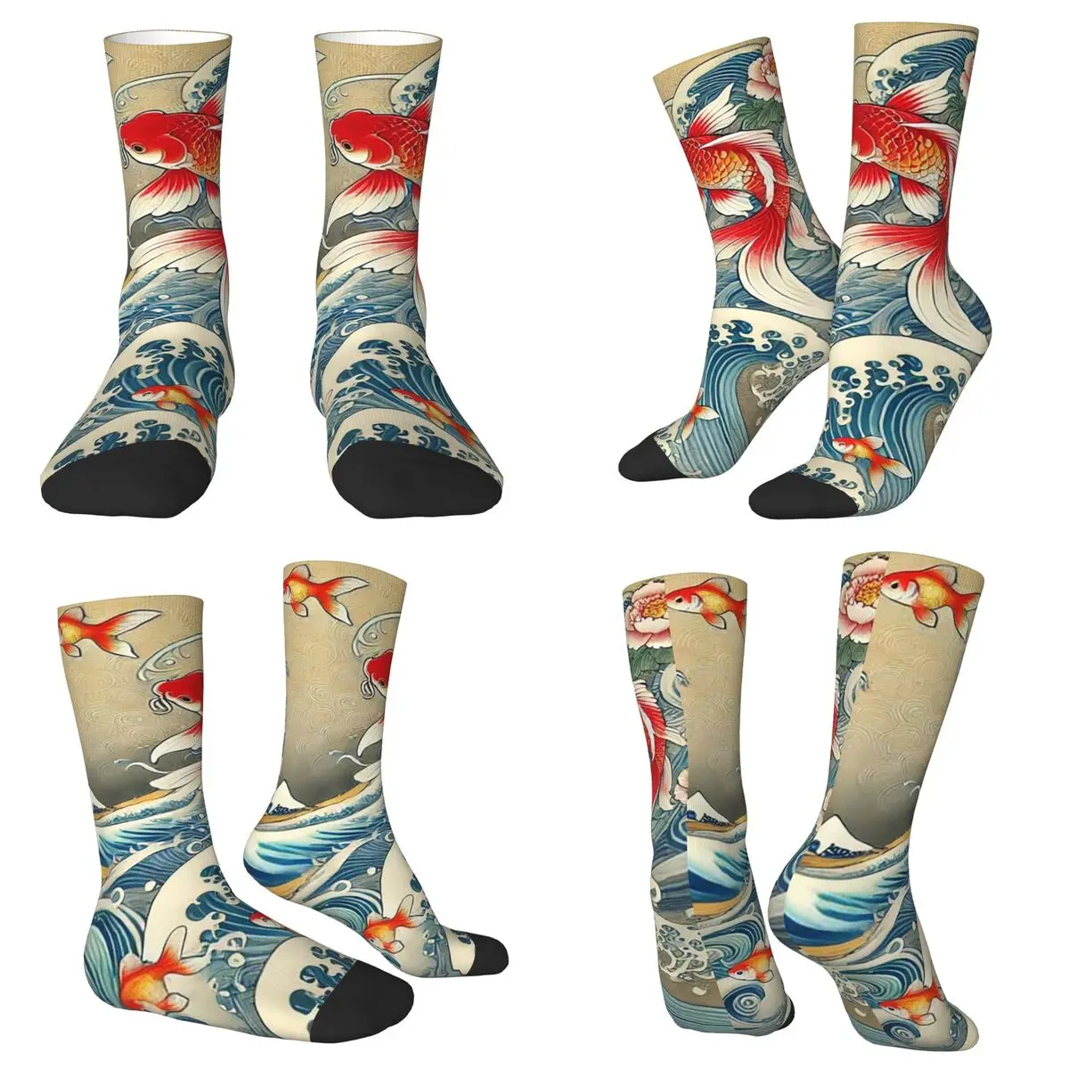 All Seasons Crew Stockings Koi Fish Japanese And Wave Design Socks Funny Long Socks for Men Women Valentine's Day Gifts