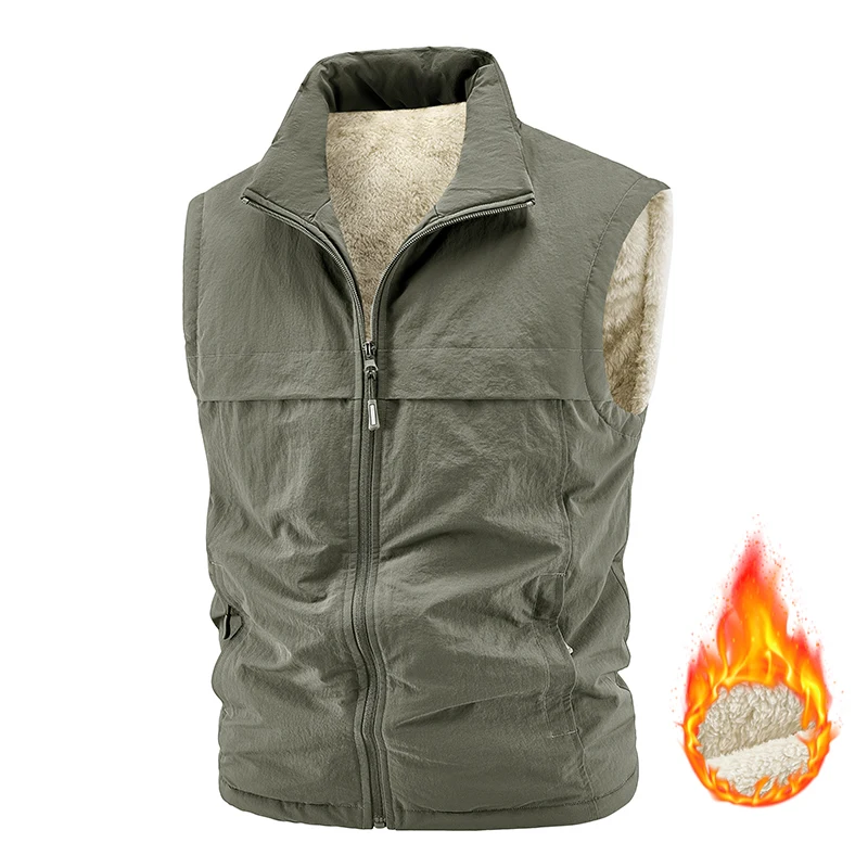 

Winter Man Fleece Sherpa Casual Sleeveless Vest Men Multi Pocket Warm Thick Outdoor Vests Male Jogger Work Safari Waistcoat Vest