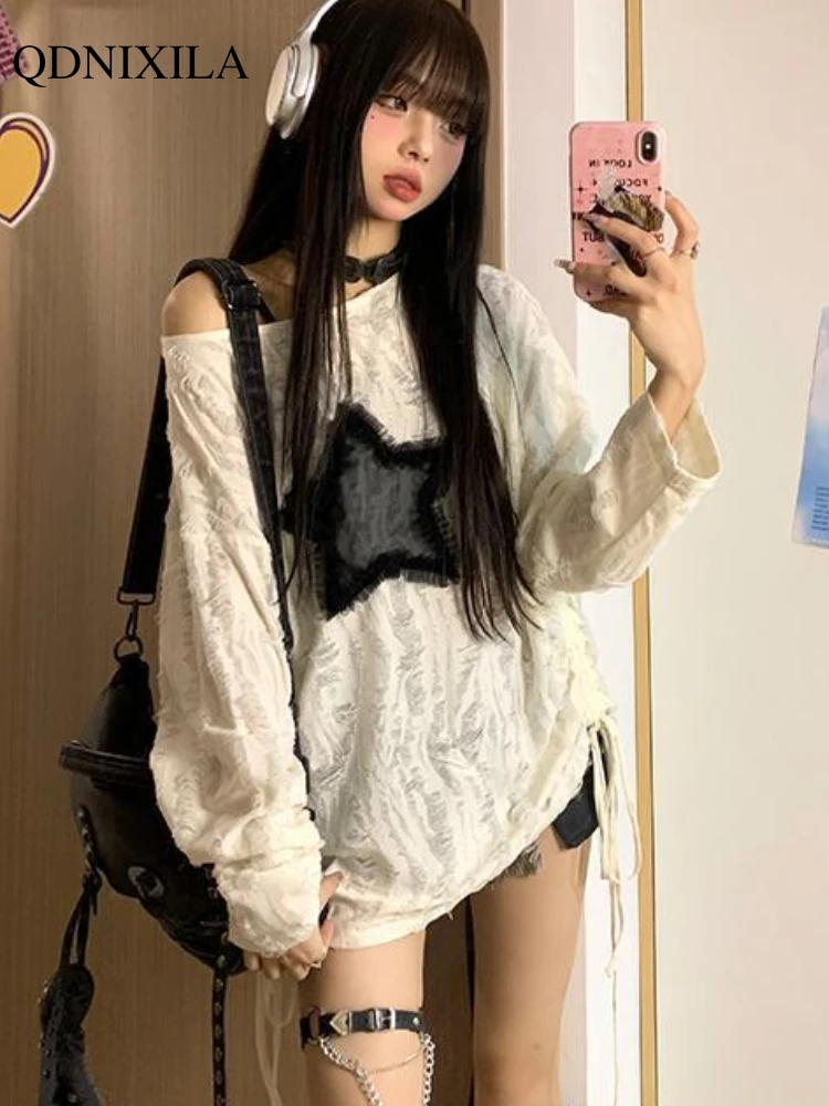 Spring Autumn New Long Sleeve Women's T-shirt Korean Fashion Hole One Shoulder Loose Top Women Casual Drawstring Bottoming Shirt