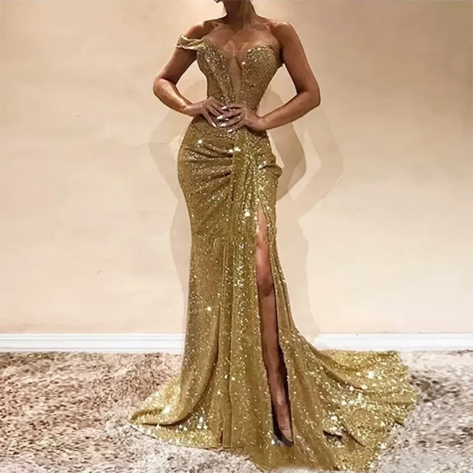 Customized Charming Gold Glitter Beaded High Slit Mermaid Formal Evening Wedding Dress 2024 Ruffles Blackless Tulle Bridal Gown