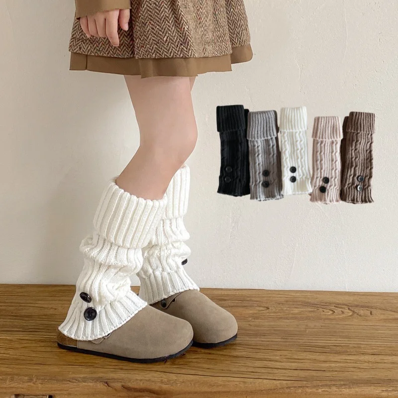 

Children's Leg Warmers Winter Thick Warm Fashion Solid Socks Flanging Button Kids Knitted Leg Cover Stockings Autumn 3-12 Years