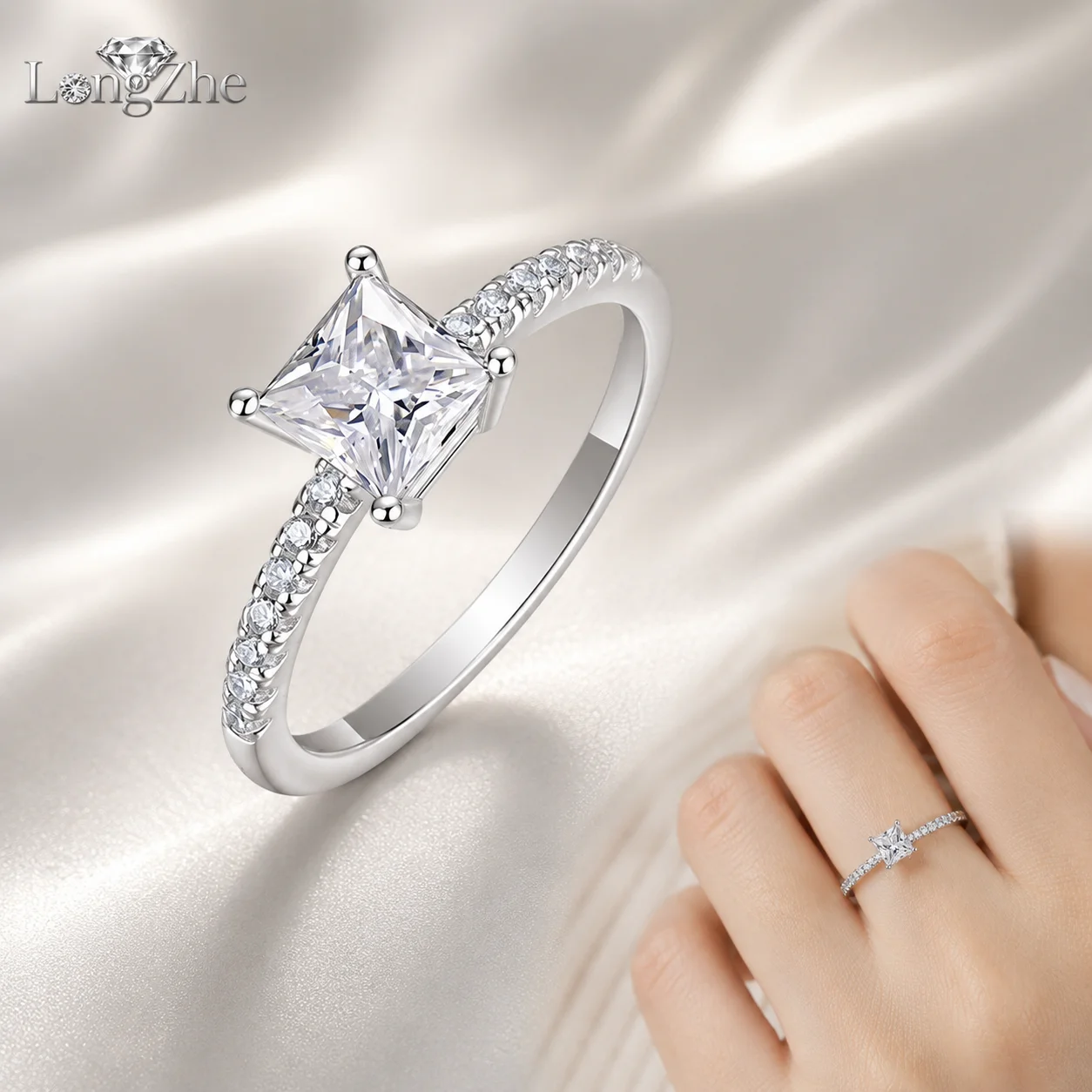 Moissanite Engagement Ring for Women Princess Cut 5.5mm S925 Sterling Silver D Color VVS1 Pave Solitaire Ring Fine Jewelry