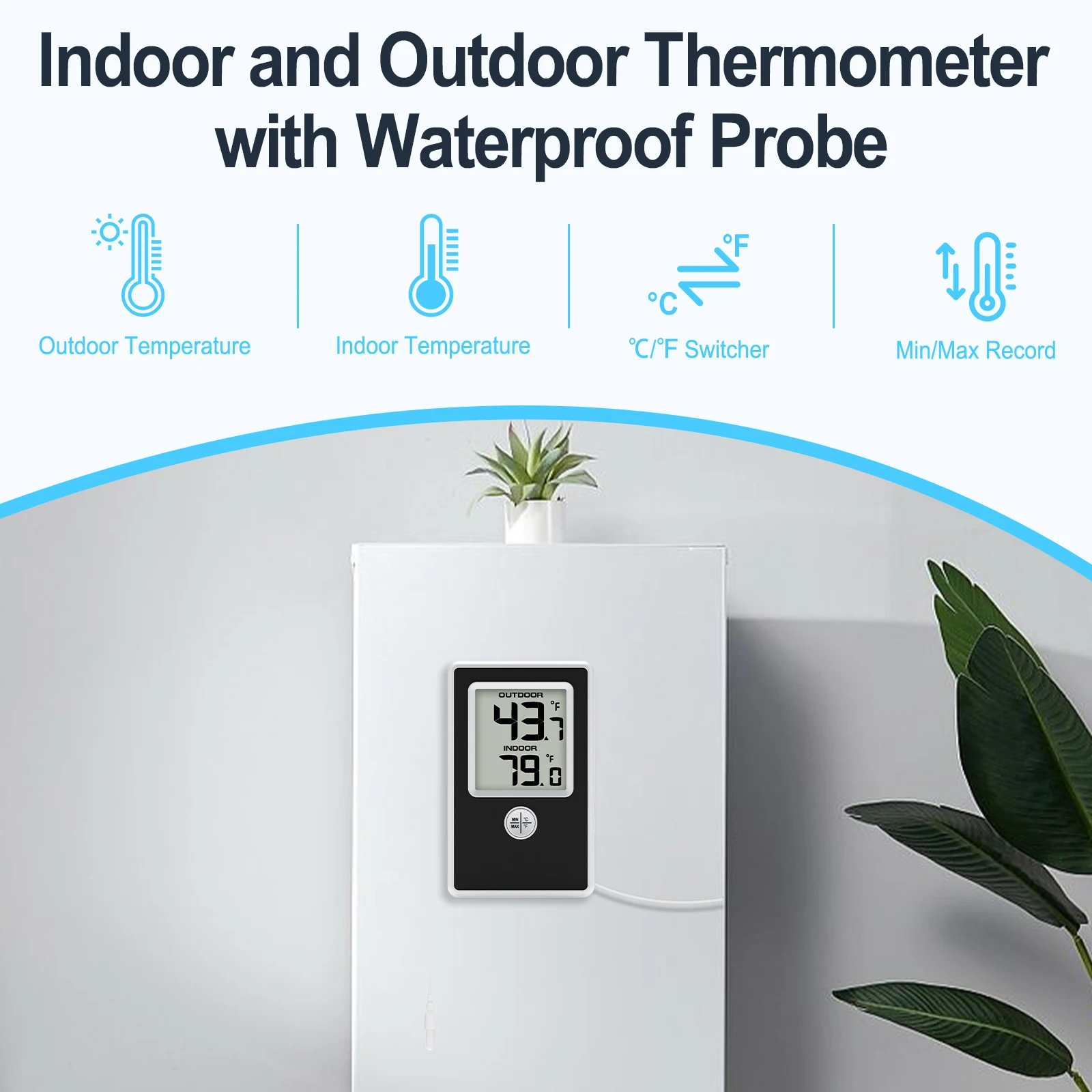 

Indoor Outdoor Wired Digital Thermometer Room Temperature Monitor with Weather Station Probe Sensor for Home, Office Greenhouse