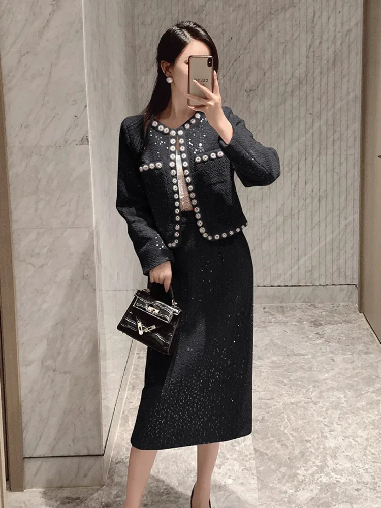 

Женская Conjuntos Femininos Elegantes, роскошная куртка с бисером, пальто + длинная юбка, комплекты из 2 предметов, модный комплект из двух предметов высокого качества