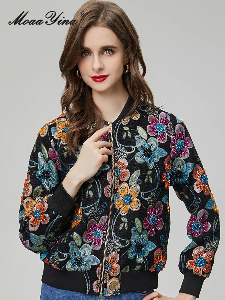 

MoaaYina Autumn Fashion Designer Luxury Floral Print Jacket Coats Women's Lantern Sleeve Beading Pockets Slim Short Jacket Coats