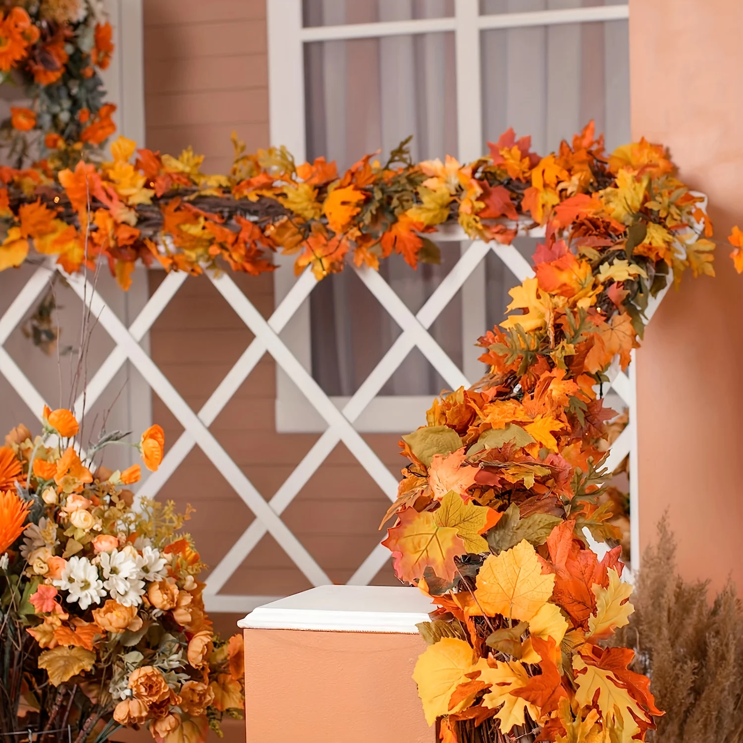 100CM Autumn Artificial Maple Leaf Wreath Fake Leaf Plant Vine Home Decor Garden Halloween Thanksgiving Wall Doors Windows Decor view 2