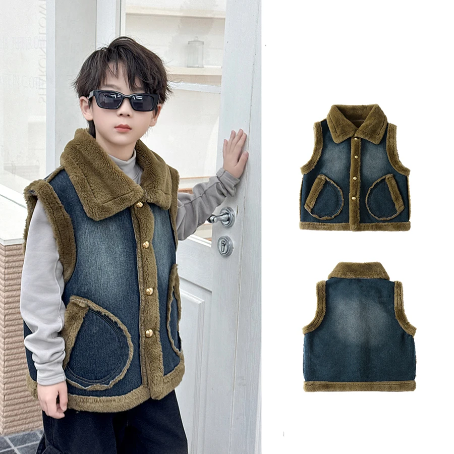 

High Quality Child Winter 100% Natural Rabbit Fur Denim Vest for Big Boy Warm Sleeveless Jacket Kids Thermal Waistcoat 7-16Y