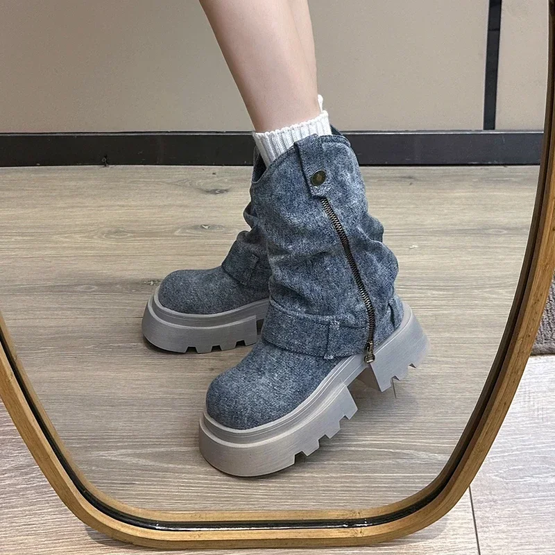 Chunky Women Blue Denim Short Boots Fashion Slip On Ankle Booties Autumn Winter Female Platform Heel Shoes