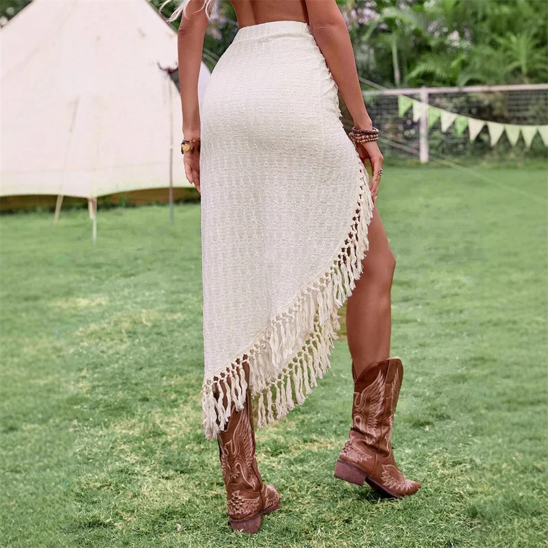 Women's Boho Beach Casual Bikini Cover up Sexy Tassel High Waist Knot Skirts Bottom Salon Wrap Female Swimwear