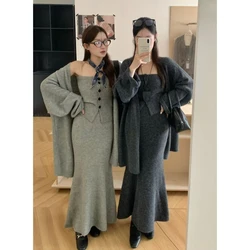 Korean 3 Piece Dress Sets Women Casual Design Y2k Knitted Sweater Suits Office Lady Long Sleeve Elegant Vintage Clothing Autumn